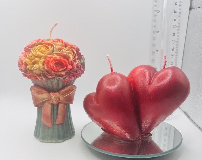 Bouquet of roses and double hearts large handmade soy wax candle set, shipping included