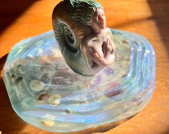 Hand crafted soy mermaid candle paired with opalescent resin ocean themed tray  - Free Shipping!