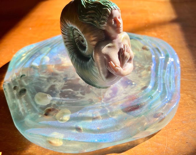 Hand crafted soy mermaid candle paired with opalescent resin ocean themed tray  - Free Shipping!