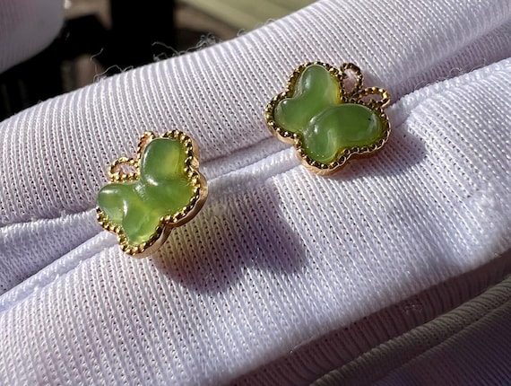 Nephrite Jade Butterfly Stud Earrings: Icy Green Sterling Silver#0122
