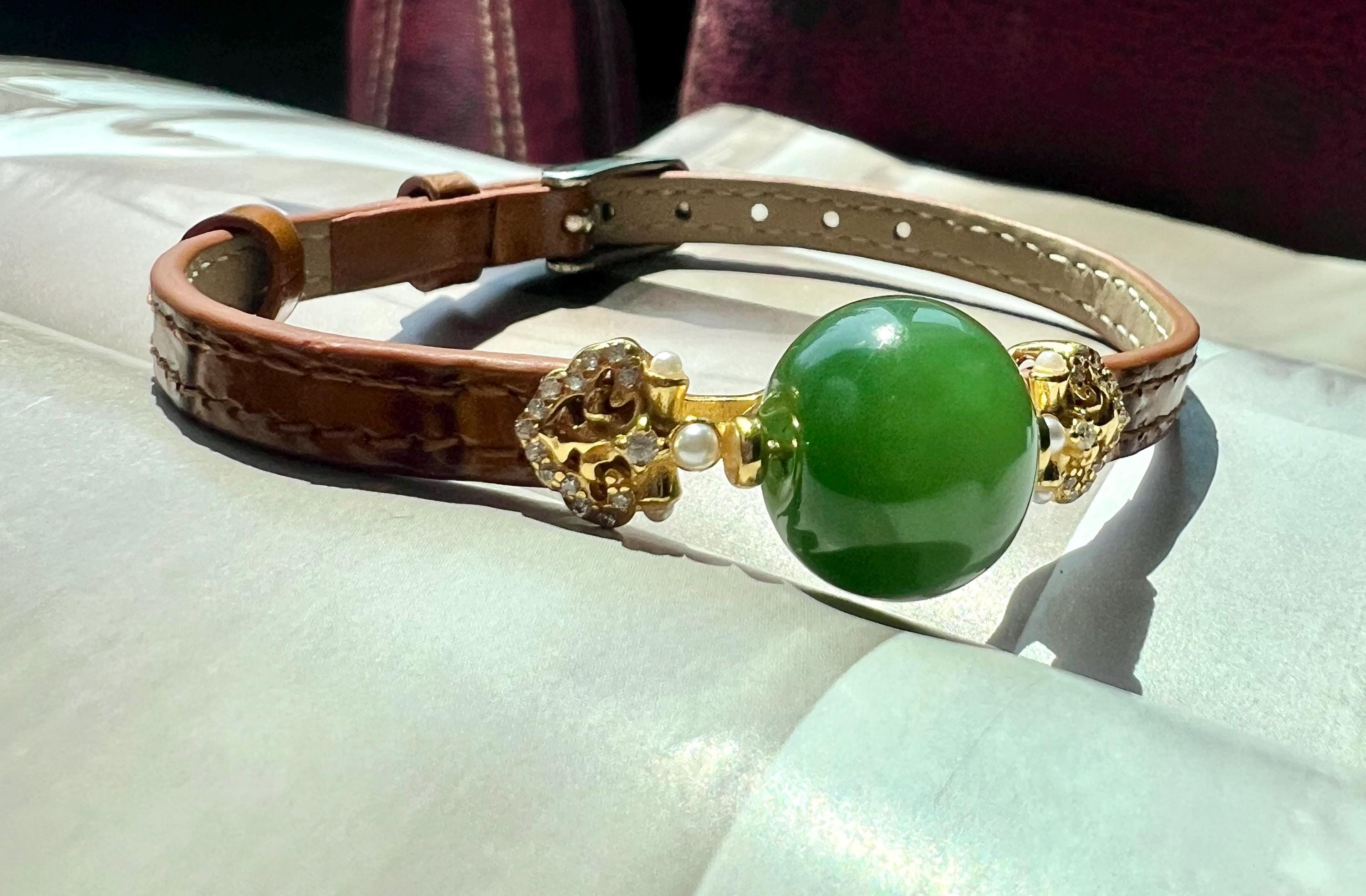 グリーンネフライト翡翠アップルビーズブレスレット：スターリング