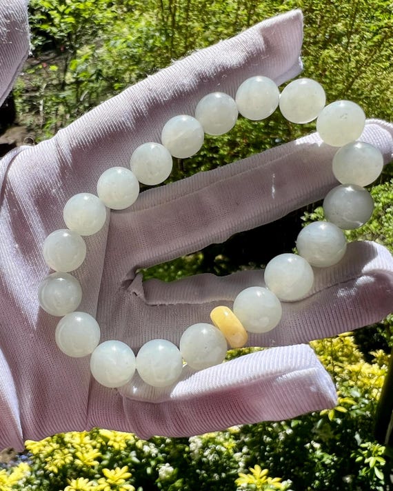 10mm Certified natural jade/ White nephrite bracelet with tiny Qinghua dots 天然白玉手串 荔枝肉 细润白糯 带青花微粒#2909