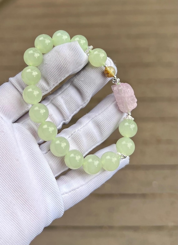 10mm Certified natural nephrite Bracelet/light fresh green nephrite/purple Kunzite carved Mermaid天然软玉 老矿晴水料 冰晴水手串#1796搭配 猫眼紫锂辉雕刻人鱼