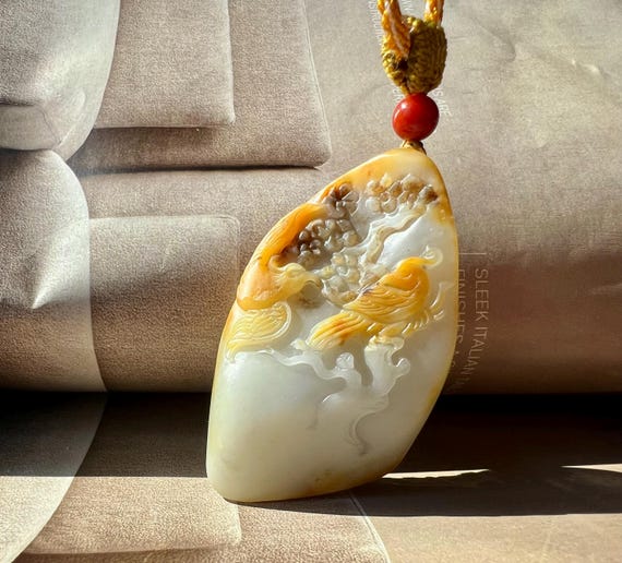 Certified natural jade/river raw stone Nephrite carved pendant/yellow skin and pores/ 天然精品软玉 独颗子料黄沁吊坠#0983 凤求凰