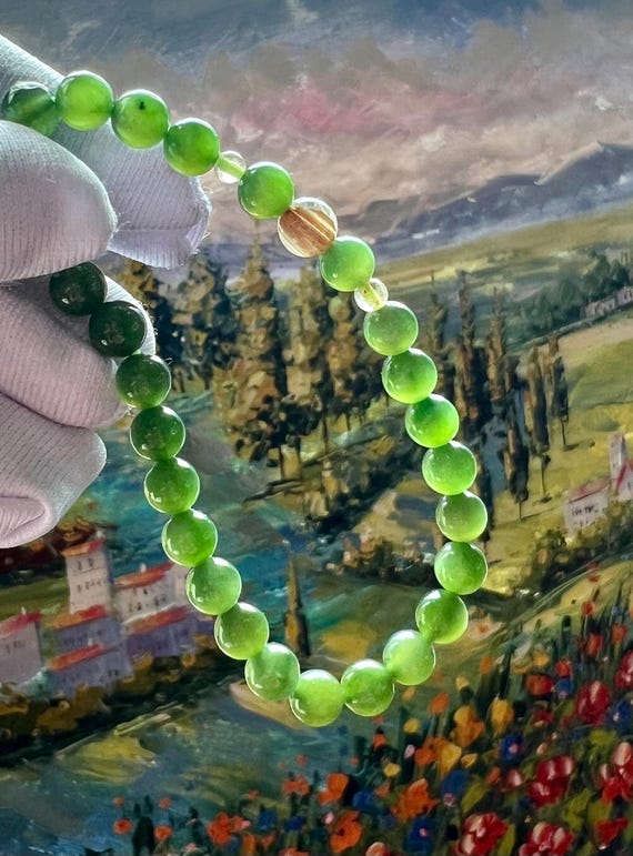 Nephrite Jade Bracelet: Icy Green Chatoyant Gemstone with Rutilated Quartz #2243