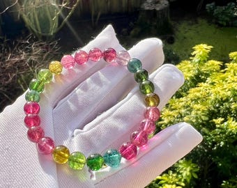 7mm+ Certified natural rainbow color Tourmaline  Bracelet, Color standard level tourmaline/high clarity,天然色标级彩虹碧玺手串  #6032