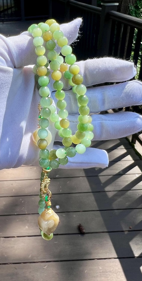 Nephrite Jade Necklace: Green Chatoyant Bead, Sterling Silver, Adjustable #5096