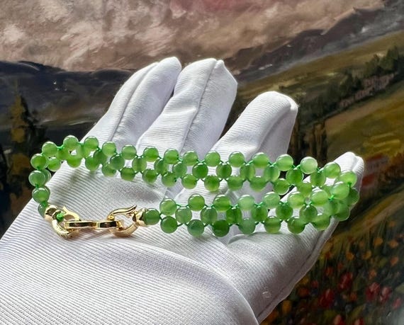 Green Nephrite Jade Braided Bracelet: Natural Gemstone Jewelry #3578