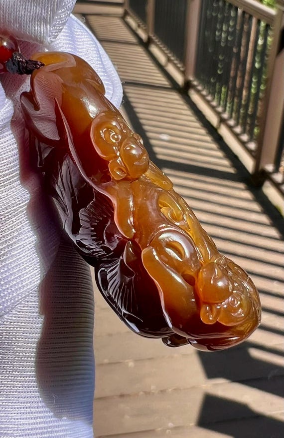 Certified natural jade/ Golden red brown Nephrite carved Monkey and peach pendant/天然精品软玉 老料糖玉 黄金红油糖 吊坠 手把件#0623 灵猴献寿
