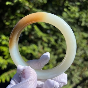 60.2 mm 認定天然翡翠/シュガーブラウンホワイトネフライトバングル/ブレスレット/精品天然软玉 糖白玉手镯 糖玉白玉平安镯 #1414
