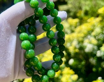 9.7mm Certified natural nephrite green jade / green nephrite necklace /bright green color 天然精品碧玉项链 粉阳绿 #6383 肉底起莹光