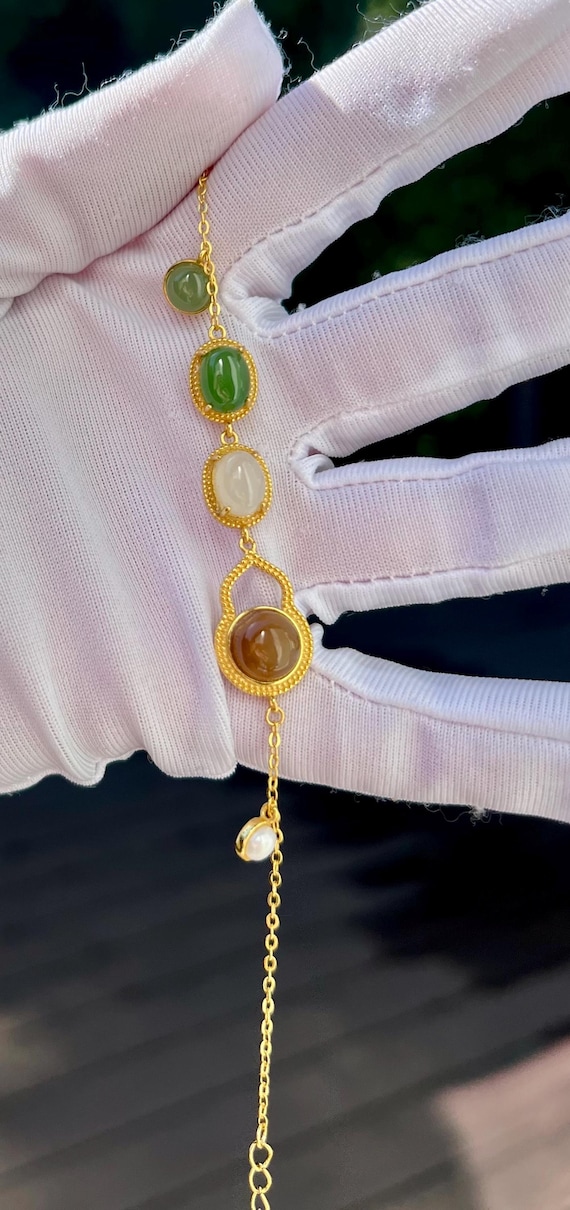 Natural Multi-Color Nephrite Jade Bracelet: Sterling Silver Inlay#0949