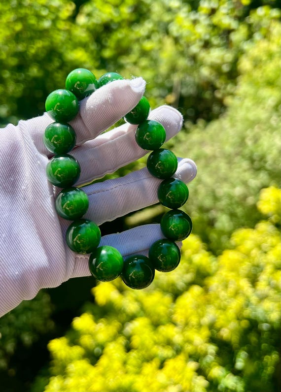 14mm Certified natural nephrite green jade/green nephrite bracelet /High chroma spicy bright green 天然精品碧玉手串  辣绿 色标绿 高色#2200