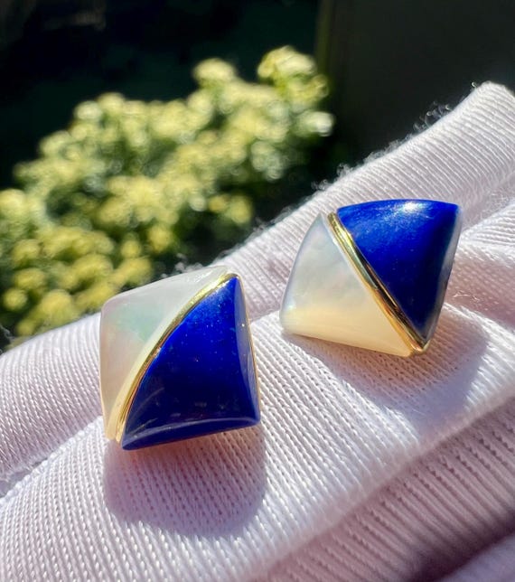 Certified natural Lapis Lazuli and Mother of Pearl earrings/ blue and white square stud earrings/S925 天然青金石白贝母 方形 耳环 耳钉 #8858