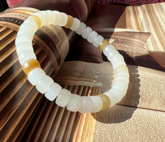 8*5mm Certified natural jade/ white Nephrite bracelet/straight cut thin beads /天然软玉 白玉 薄直切珠手串  柔光隔片珠 #2127 搭配糖玉