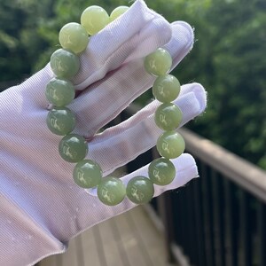 12mm High quality Certified Natural old mine Hetian jade/Lake green color nephrite bracelet 天然青海和田玉 湖水绿手串  润糯起胶起荧光#3192