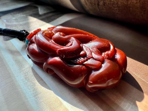 Nanhong Agate Nine-Tailed Fox Pendant Necklace - Sichuan Patina Carved Charm #6707