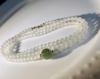 4mm+ Certified Natural Hetian jade Qinghai icy white nephrite necklace/multi-wrap bracelet 天然精品和田玉青海老料 高冰白 起荧光 白玉项链 锁骨链 三圈手链#4345