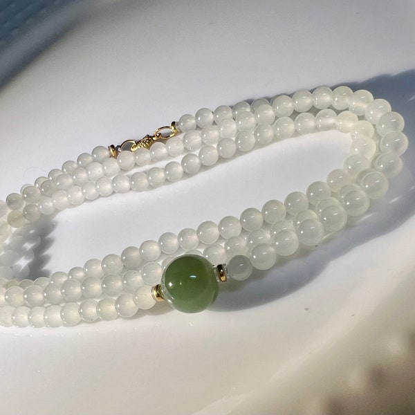 4mm+ Certified Natural Hetian jade Qinghai icy white nephrite necklace/multi-wrap bracelet 天然精品和田玉青海老料 高冰白 起荧光 白玉项链 锁骨链 三圈手链#4345