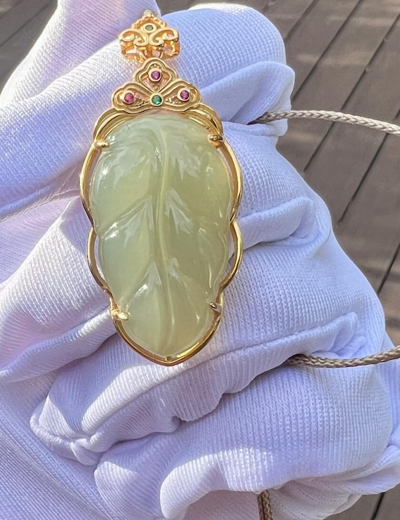 Nephrite Jade Leaf Pendant: Sterling Silver, Qingshui Jade Necklace #0689