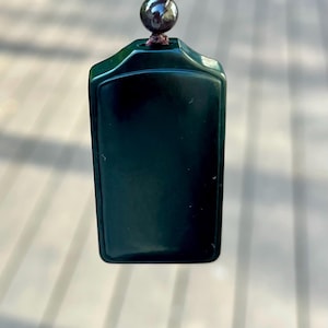 Certified natural river jade/oily black jade/dark nephrite safety nothing pendant/rectangle pendant  天然精品软玉 细料黑青玉吊坠 子料无事牌 #7484 黑、细、油