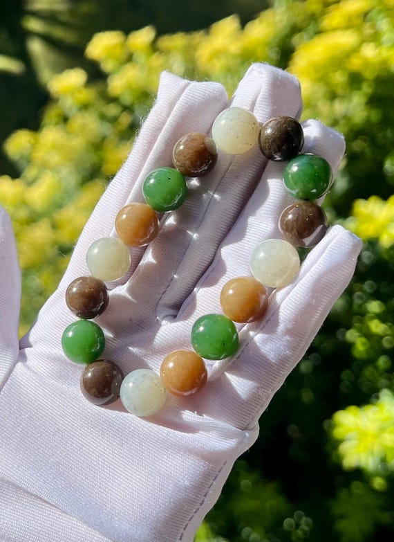 12mm Certified natural jade/multi color nephrite bracelet天然软玉多宝手串 糖玉青花碧玉#8950