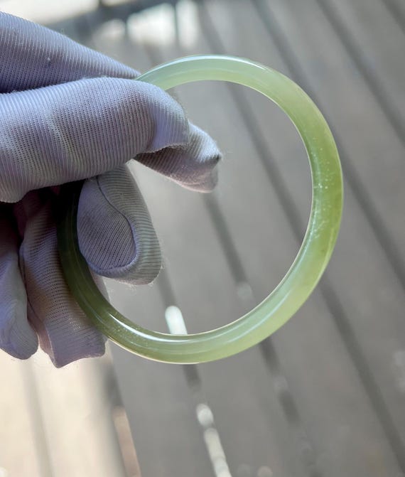54.3mm Certified natural icy light green with emerald green nephrite Bangle 天然晴水玉带翠  细圆条手镯 美人条 冰润起莹光 #0757 叮当镯