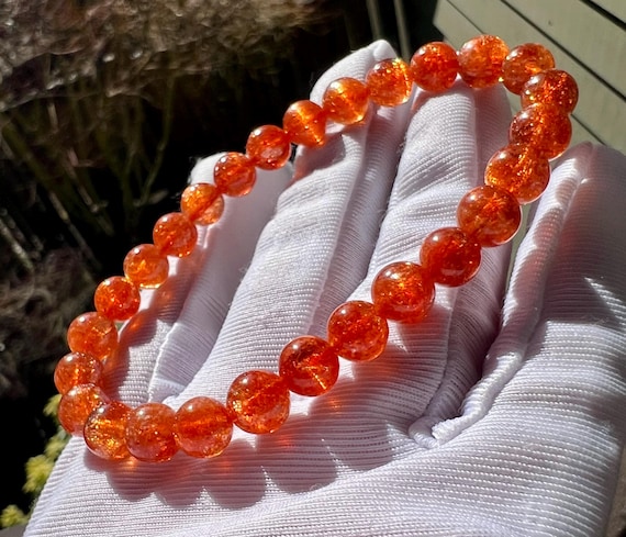 7mm Natural Golden Sunstone Bracelet: Red Orange Shimmer#6522