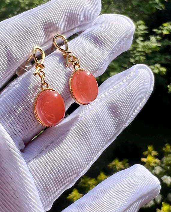 Certified natural Sichuan Nanhong agate earrings/Southern Red Agate oval drop earrings/sterling silver天然精品川料南红耳坠/纯银镶嵌#0315 蛋面耳钉/冰飘樱桃红