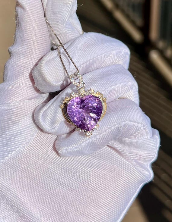Natural Amethyst heart shape Pendant/Untreated facets Purple Amethyst pendant necklace/S925 天然精品 紫水晶 爱心吊坠 意工纯银镶嵌 纯银项链#1644