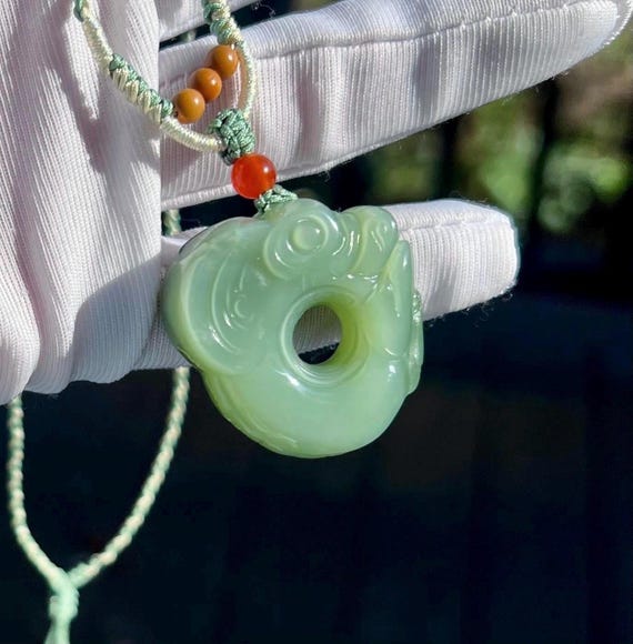 Certified natural nephrite green jade/light bluish green nephrite pig dragon pendant/hand carved jade necklace天然精品软玉 碧玉粉青玉猪龙#4205 无结构 起莹光
