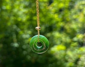 Certified natural nephrite green jade/ green  Nephrite donut pendant/circle safety pendant/ S925 天然碧玉 辣绿菠菜绿 甜甜圈 平安环  #3528