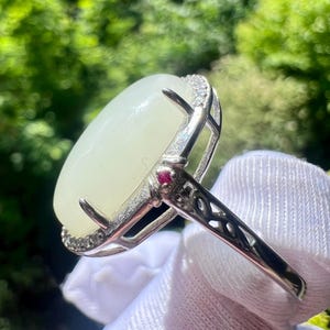 Certified natural jade/white nephrite ring Sterling Silver ring/oval shaped icy white nephrite/ 天然精品软玉 白玉蛋面纯银镶戒指/指环#0379 冰润糯白