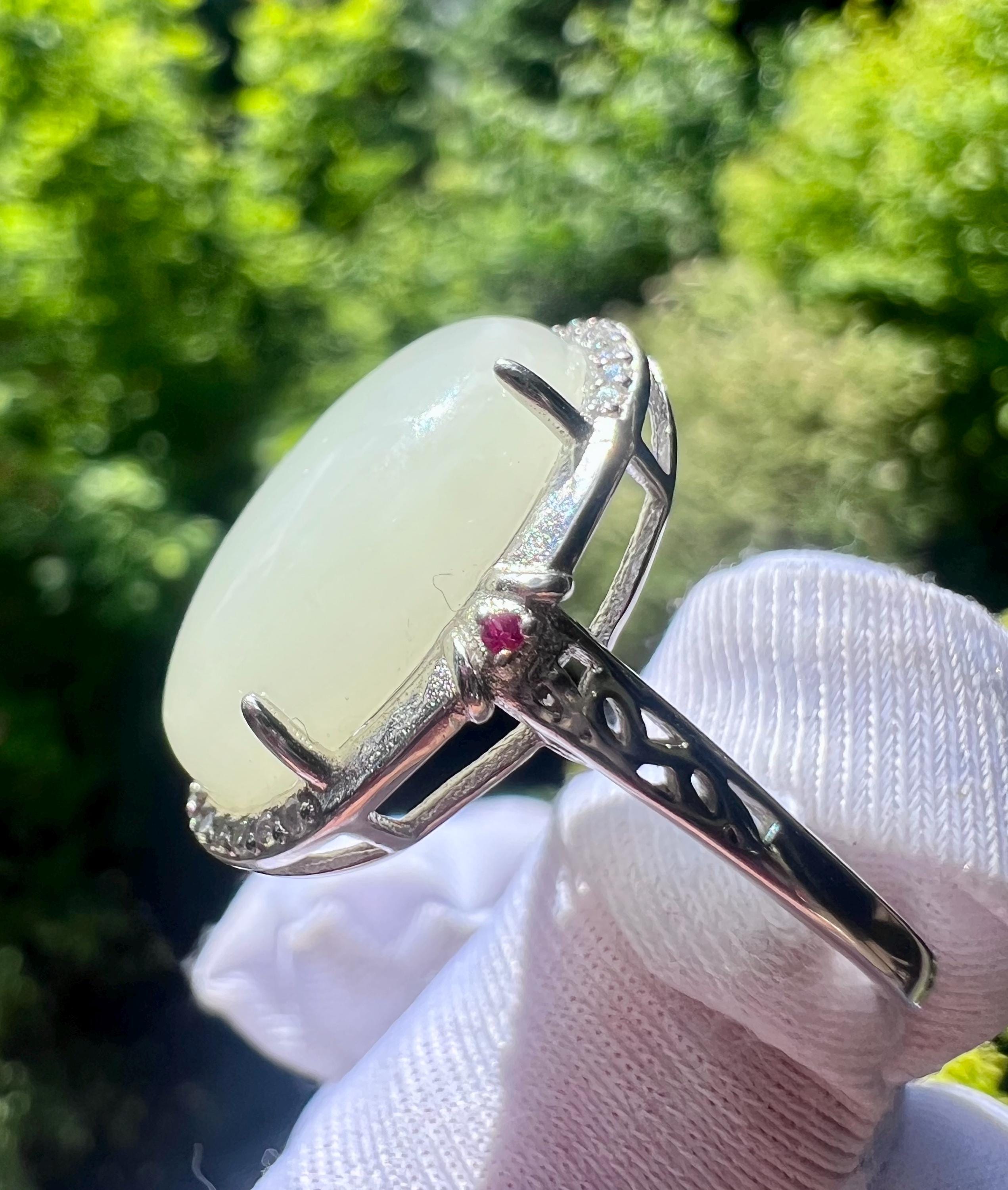 Certified natural jade/white nephrite ring Sterling Silver ring/oval shaped icy white nephrite/ 天然精品软玉 白玉蛋面纯银镶戒指/指环#0380 冰润糯白