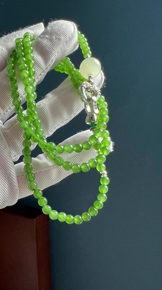 4mm Certified natural nephrite green jade /multi-purpose green nephrite necklace/multi-wrap bracelet / 天然碧玉项链  万能链 #2387 冰阳绿