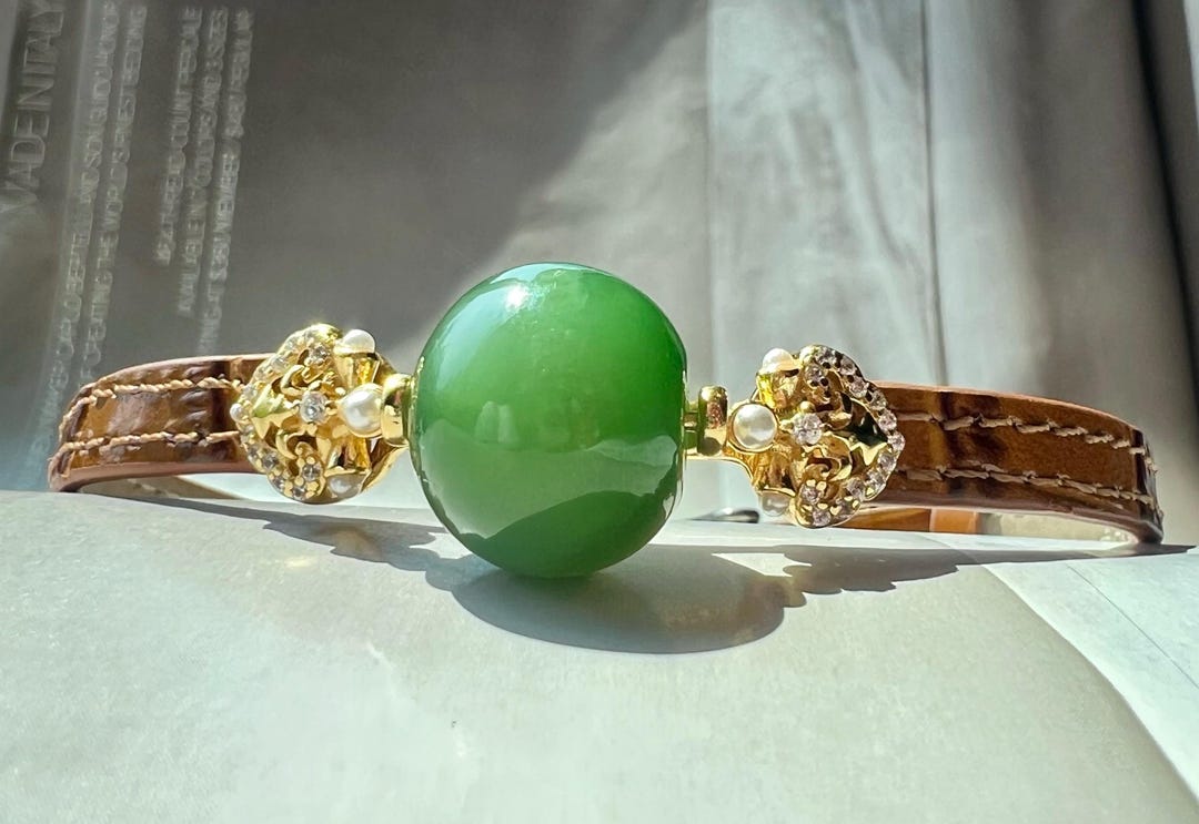 グリーンネフライト翡翠アップルビーズブレスレット：スターリング