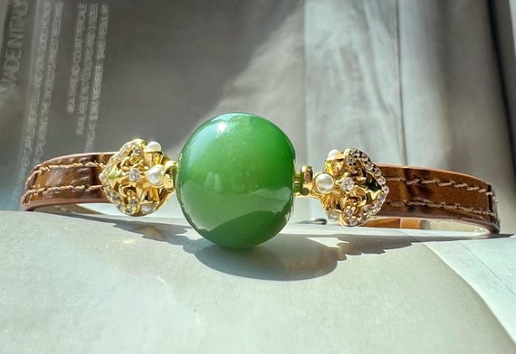 グリーンネフライト翡翠アップルビーズブレスレット：スターリング