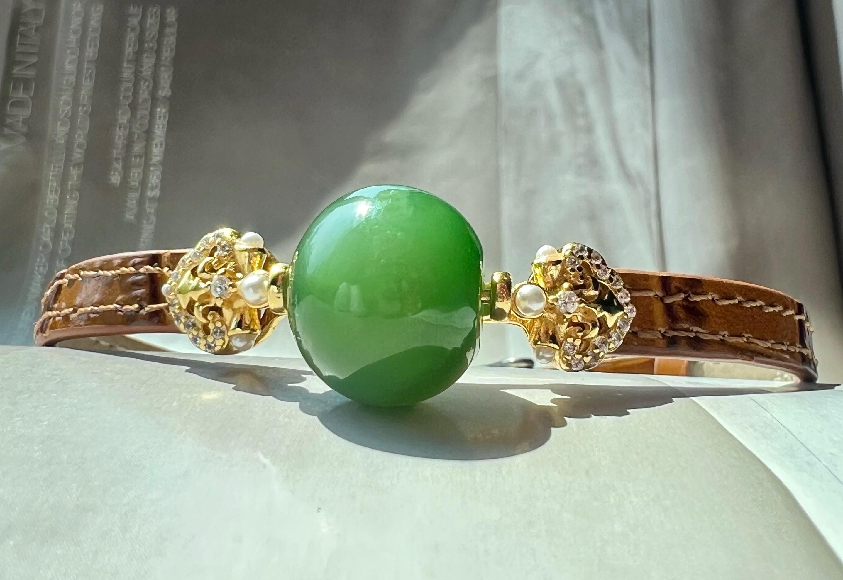 グリーンネフライト翡翠アップルビーズブレスレット：スターリング