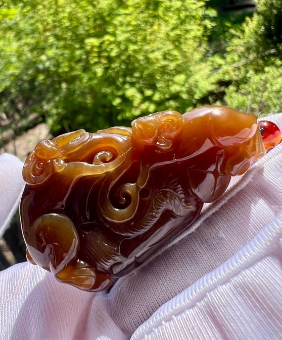 Certified natural jade/ Golden red brown Nephrite carved Monkey and peach pendant/天然精品老糖玉 黄金红油糖 吊坠 手把件#0623 灵猴献寿
