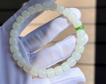 8*7mm Certified natural  jade/oily white Nephrite bracelet/straight cut beads/soft matte finish 天然白玉手串 极限弧精工直切老型珠 老料白玉 柔亮光#3494  碧玉隔珠