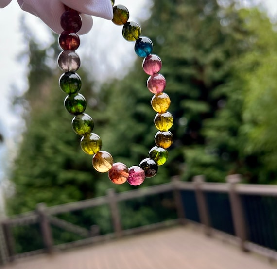 Premium quality Certified Natural rich rainbow color Tourmaline  Bracelet, Color standard level tourmaline/high clarity,天然色标级碧玺手串  #0320