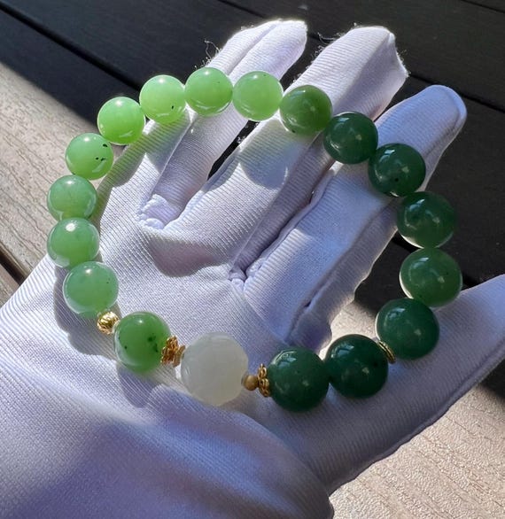 Certified Green Nephrite Jade Bracelet: Sterling Silver/ white nephrite Lotus Charm #3423