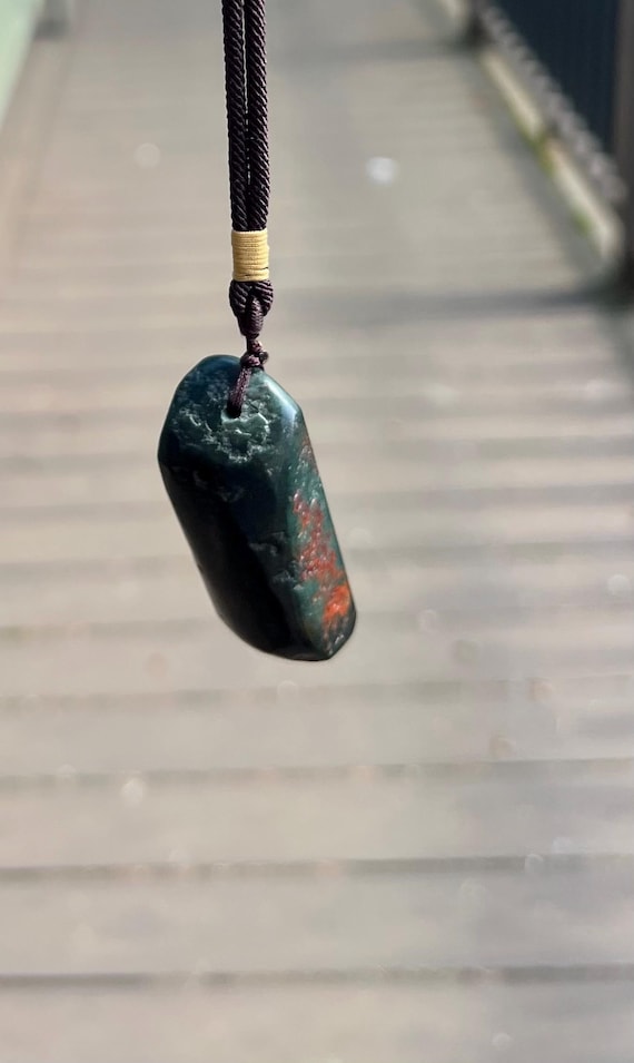 Certified natural jade/ dark nephrite pendant/ Raw stone freeform pendant  necklace/natural cinnabar red patina天然 青玉原石吊坠  #1692 天然朱砂红沁