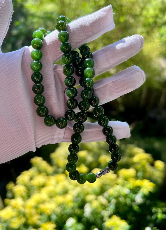 8mm Certified natural  nephrite green jade /spinach green nephrite necklace /icy green nephrite 天然碧玉项链 冰底辣绿 #4746