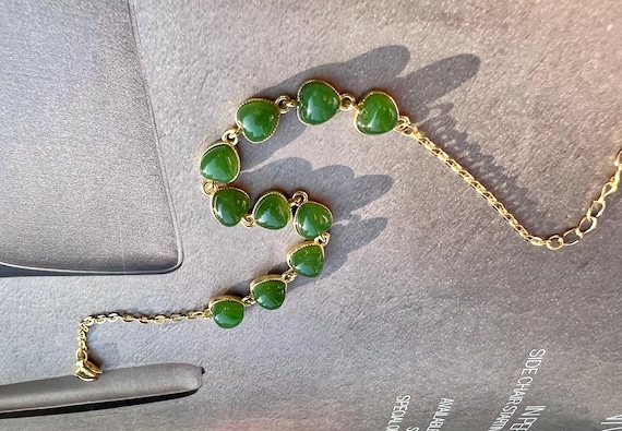 Nephrite Jade Heart Bracelet: Sterling Silver, Bright Green Stone #3581