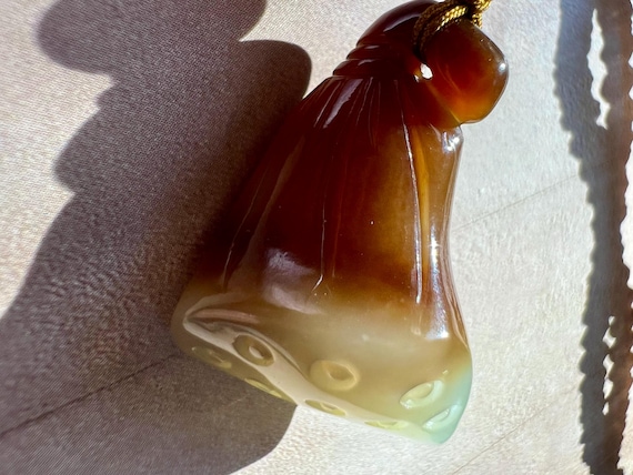 Certified natural jade/Brown White nephrite carved lotus seedpod pendant/greenish white brown/ Top fineness 天然精品软玉 糖青白玉莲蓬 吊坠 #5543 老红糖 青白玉