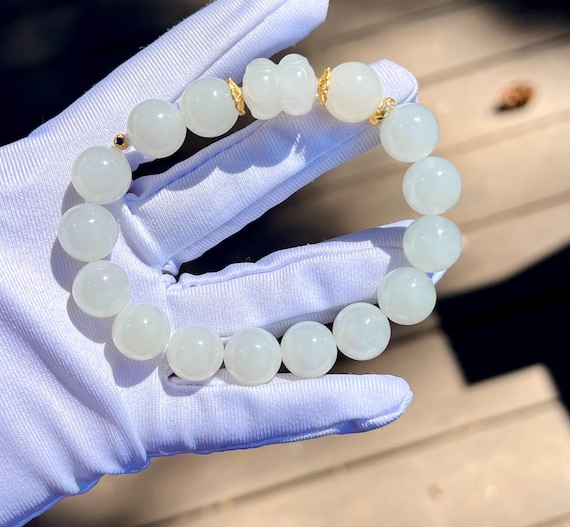 12mm Certified natural jade/ old mine white nephrite bracelet/white nephrite twin lotus 天然精品软玉 白玉圆珠手串 白玉并蒂莲 #2974 老熟料 白润细糯
