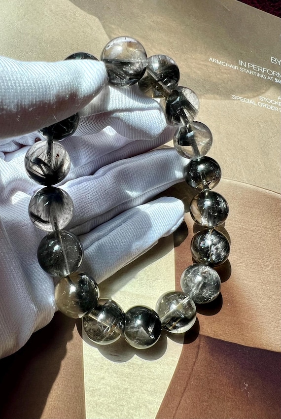 Natural Brookite Quartz Bracelet: Black Silver Chatoyancy, 7.5 inch #8379