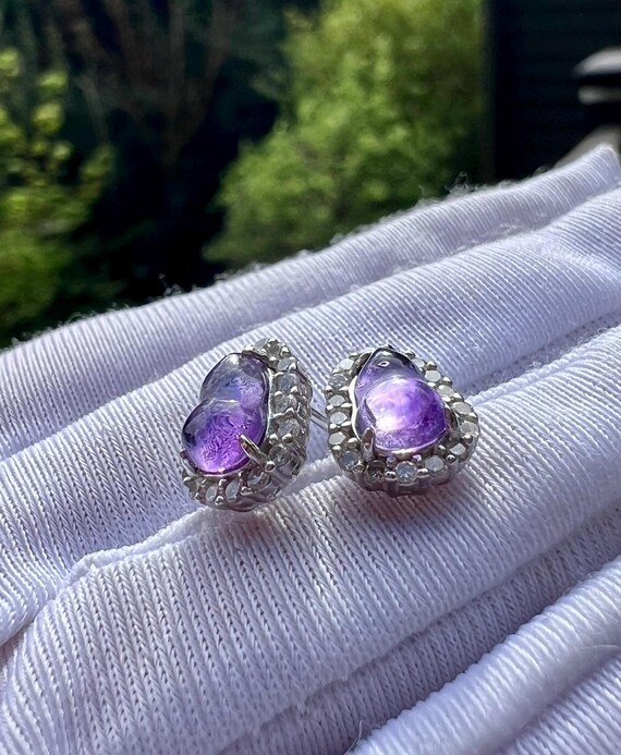 Natural Amethyst gourd shape earrings/Untreated Purple Amethyst sterling silver stud earrings /天然精品 紫水晶 葫芦耳环 纯银镶嵌 纯银耳钉#1011