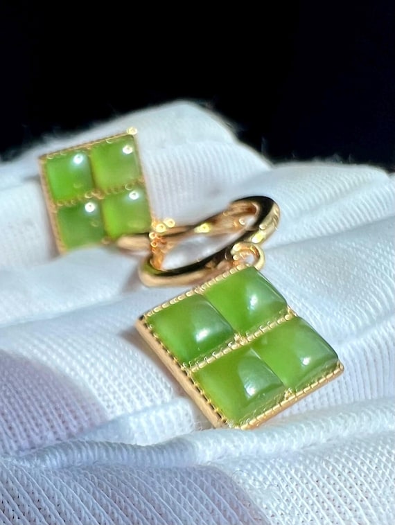 Certified natural nephrite green jade/green nephrite puzzle shape earrings/S925 clip on earrings 天然碧玉拼图耳环  纯银耳扣#0941